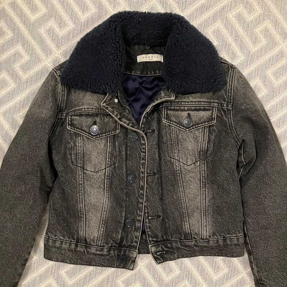 Sandro black denim jacket with fur collar